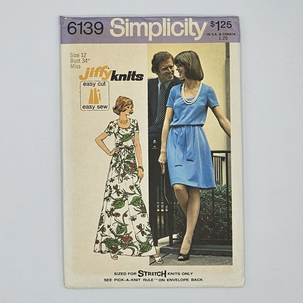 Vintage 1973 Simplicity 6139 Jiffy knits easy cut easy sew dress sz 12 bust 34"